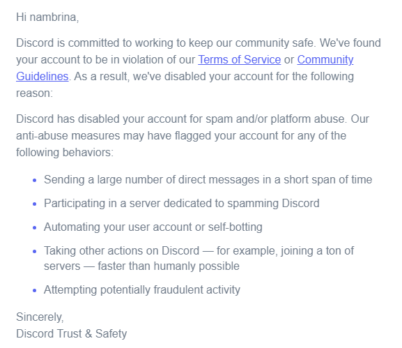 TheRealPinbird's tweet photo. hey @discord @discord_support i was using discord and randomly got my account disabled, i didn't do any of these violations but i cant make any appeals (i did try the support website but havent heard back in around a week) i was wondering if you could do anything here? https://t.co/ws9Rp97qSL