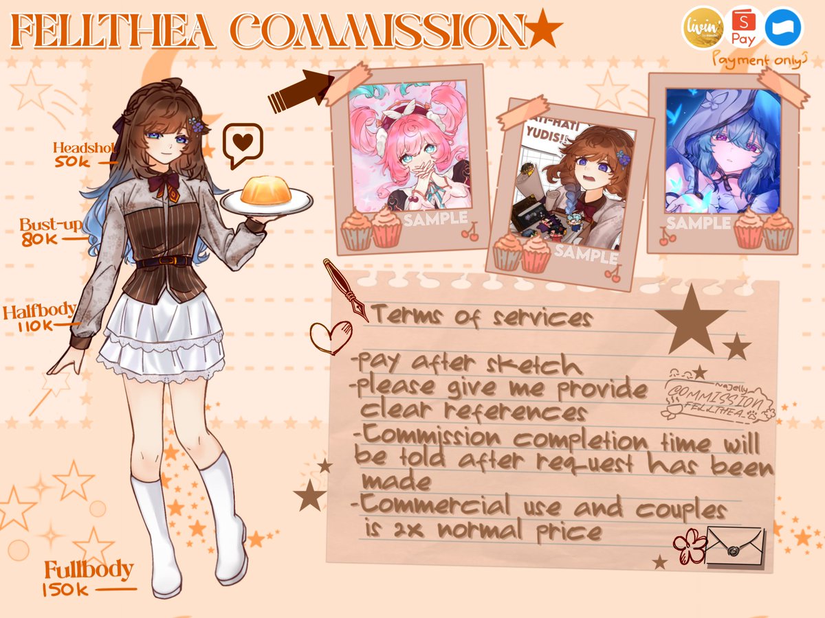 fellthea_'s tweet photo. NANA'S COMMISSION OPEN❀
Hai haloo🌹
Nana open komisi nihh, yukk lihat lihat dulu Nana nyediain apa aja, siapa tau kamu jadi pengen jajan~
🇮🇩 Only || Starting from 50k
📩 DM me if you're interested
❤&amp;🔁 are highly appreciated! TYSM!
#wts #opencommission #chibi #ych #zonauang https://t.co/i9WFrGeSCM