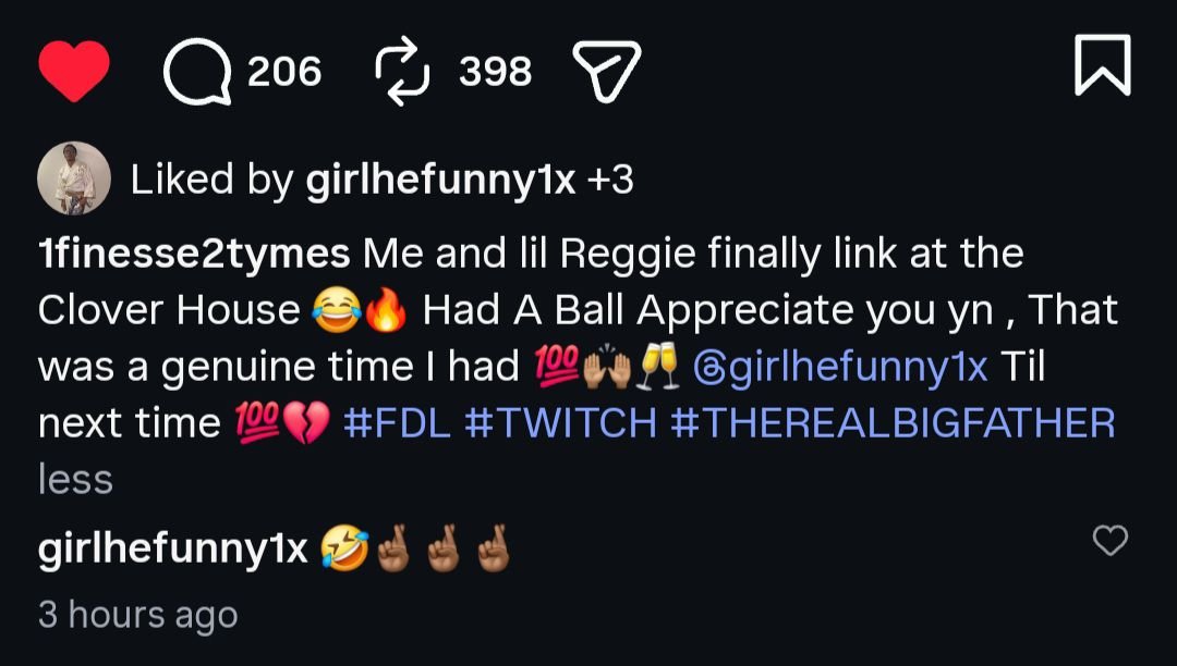 reggienotrodney's tweet photo. Finesse2Tymes says that he had a ball while he was  with Reggie last night at the Clover House and also says that he will see him until next time💯❤️‍🩹 https://t.co/tkmnxvP6qp