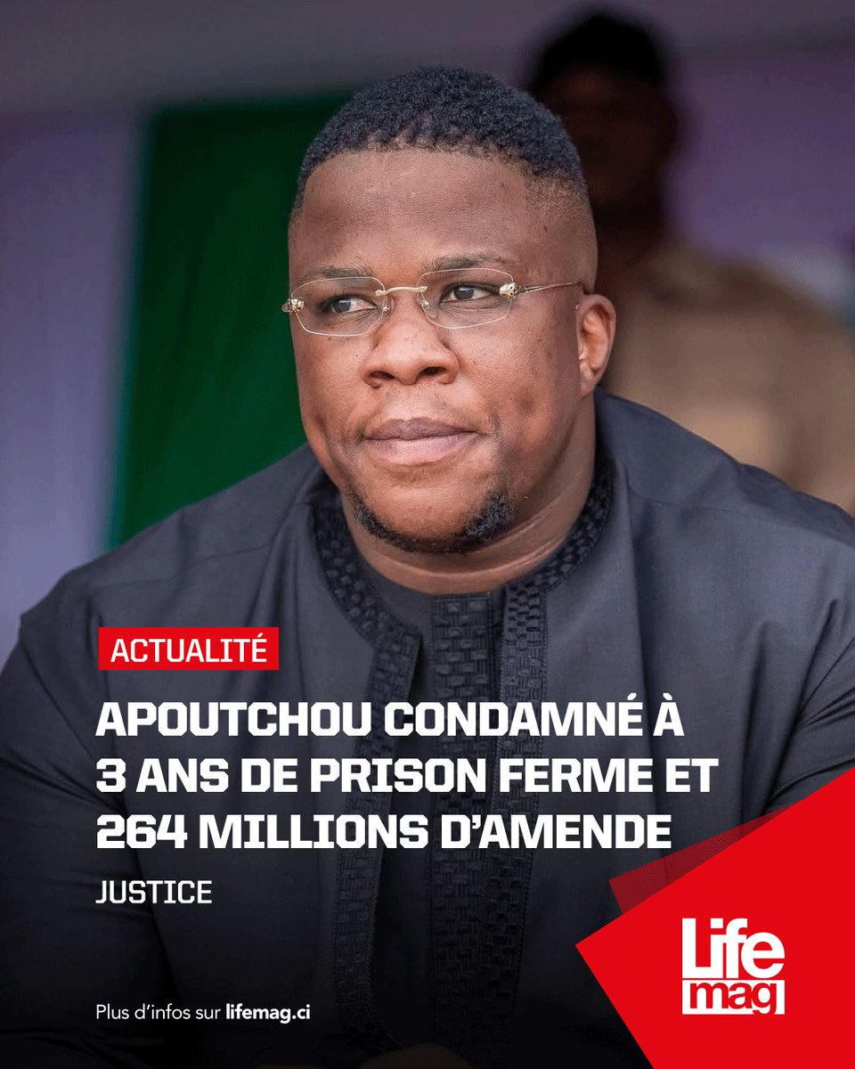 LifeMagazine_CI's tweet photo. #NEWS 🔴 Apoutchou National vient d’être condamné à 3 ans de prison ferme assortis d’une amende de 264 millions de FCFA.
Cette décision intervient à l’issue du procès portant sur des faits présumés de blanchiment de capitaux et d’infractions à la législation financière. https://t.co/2eVLacW06x