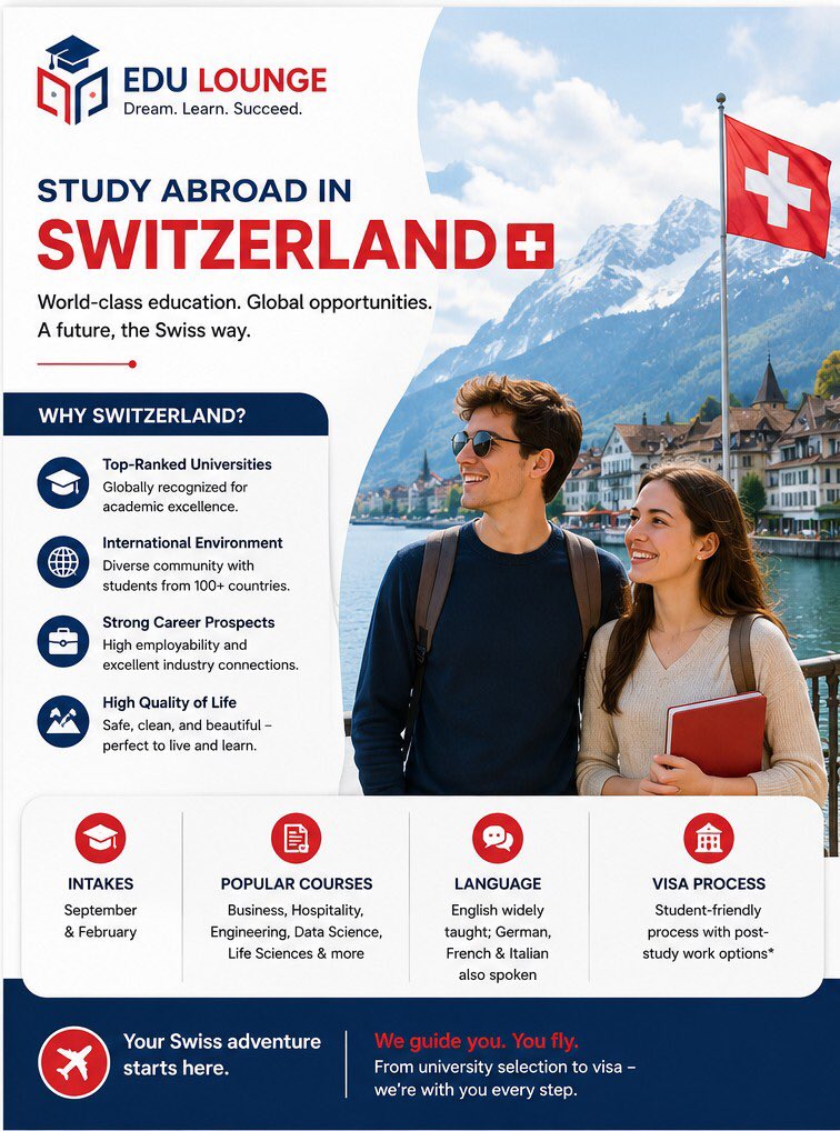 Edulounge_'s tweet photo. 🇨🇭 Dreaming of a world-class education, breathtaking landscapes &amp; opportunities? Switzerland could be your perfect study destination. Let Edu Lounge guide your journey from application to visa approval.
#StudyInSwitzerland #StudyAbroad #SwissUniversity https://t.co/2C8r4Z2fmf