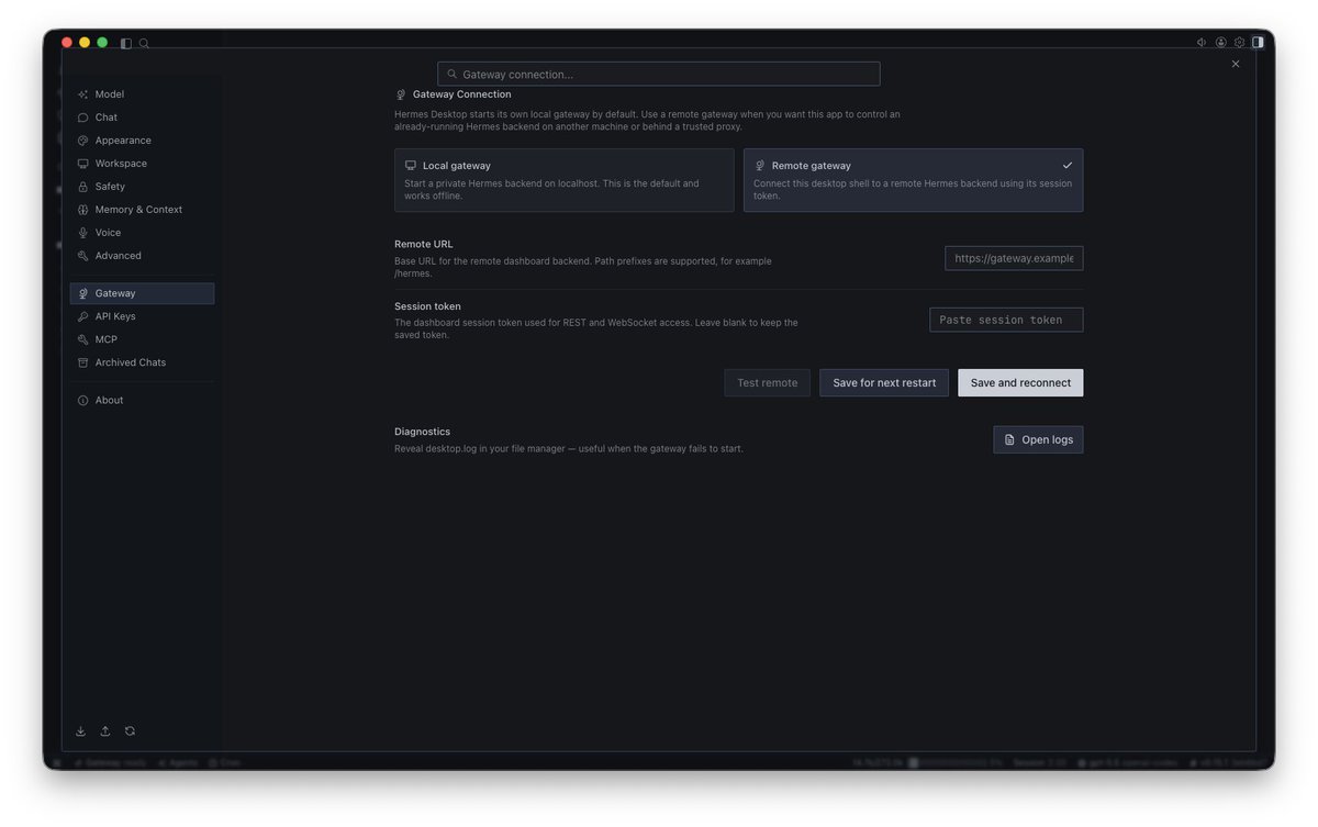 EdTheOSINTer's tweet photo. @miha_nikolovski @Saboo_Shubham_ Nevermind, @Teknium seems to have literally committed the remote backend functionality in the period between me installing it an hour ago and just now, LOL. Connecting to remote Hermes installs is now in the app. https://t.co/RHAzNZuaLs