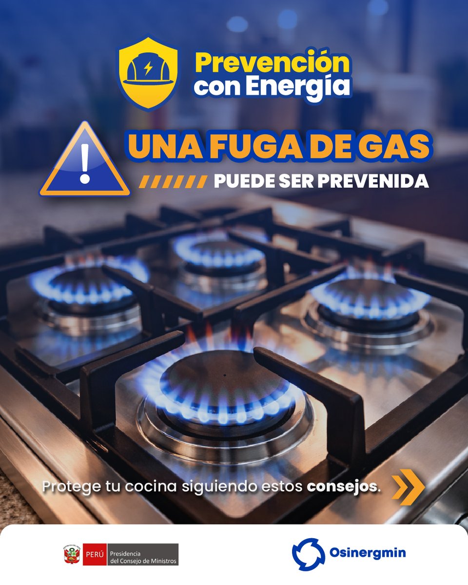 OSINERGMIN's tweet photo. #PrvencionConEnergía |⚠️ ¿Sabrías qué hacer si percibes olor a gas en tu hogar?
Desliza este carrusel y conoce las acciones que pueden ayudarte a proteger a tu familia y evitar accidentes. 👉
#PrevenciónConEnergía #SeguridadEnCasa #GasGLP #Osinergmin https://t.co/6b1s7K29fx