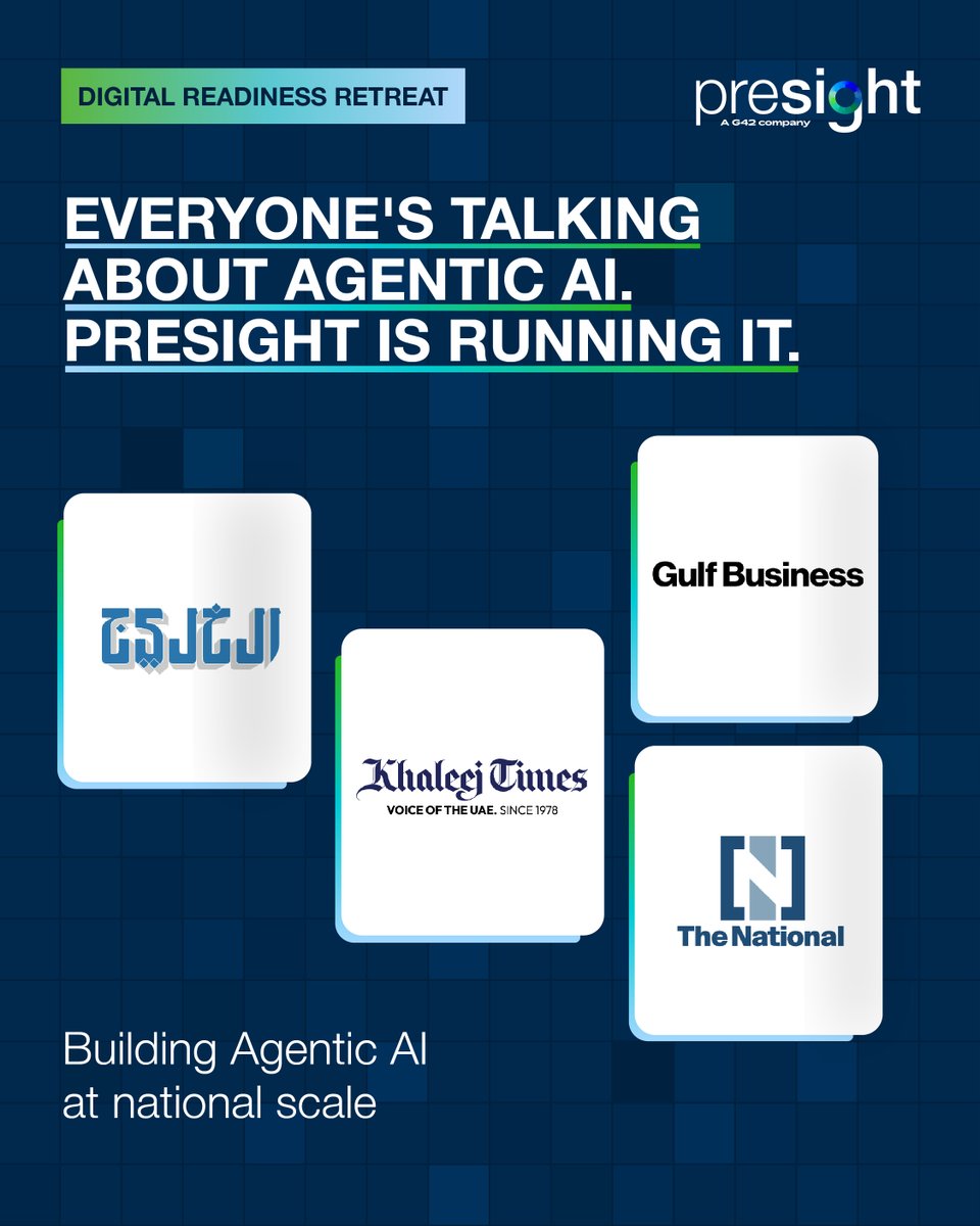PresightAI's tweet photo. At Presight, Agentic AI is already operating at national scale, powering government services and helping shape the next generation of AI-native governance.​

On June 3, we'll be joining the Digital Readiness Retreat to share our experience building &amp; deploying Agentic AI systems. https://t.co/r7mk6EGkle