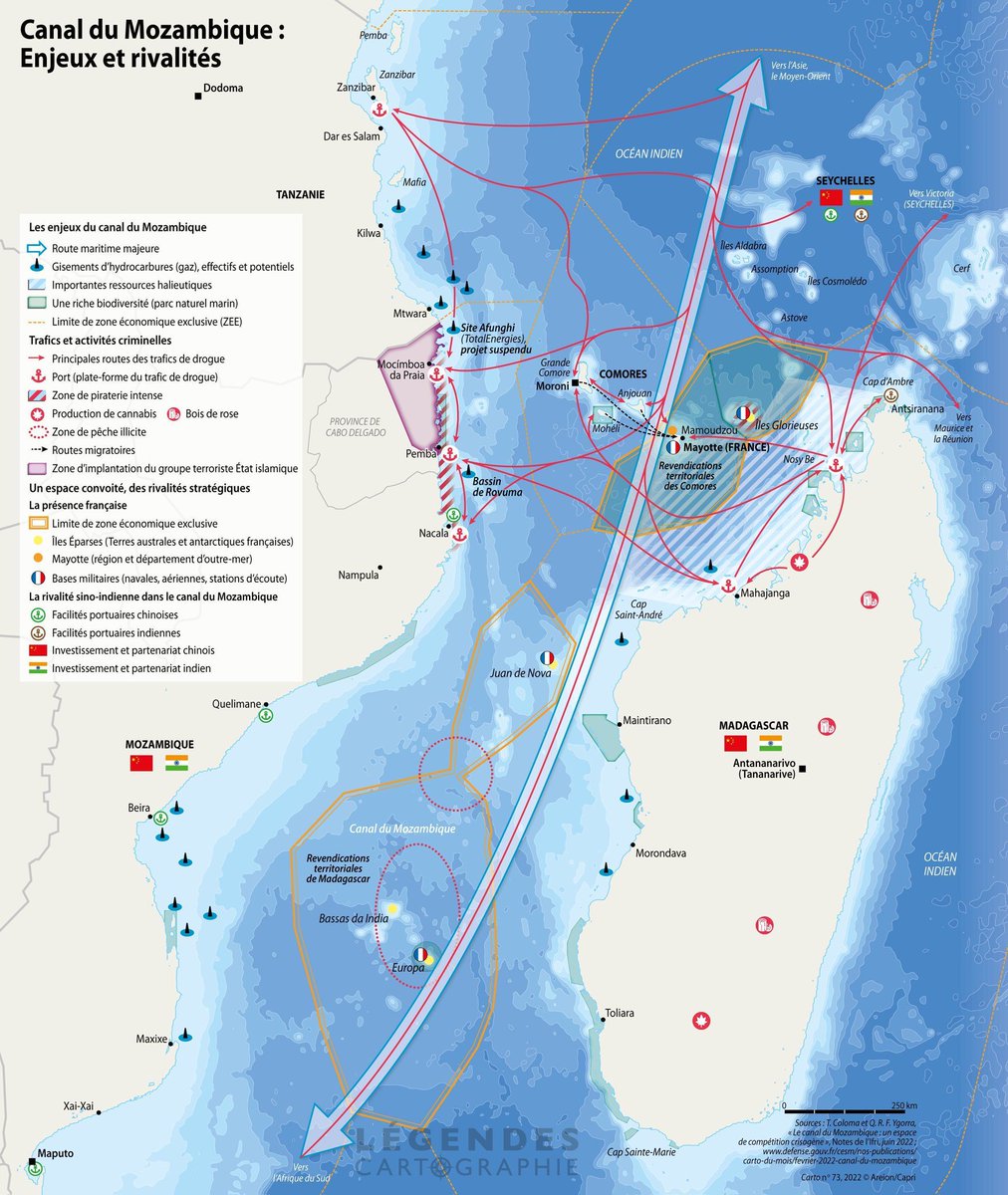 Geopol21's tweet photo. 🇲🇿🇲🇬Canal de Mozambique

📌Gas en Cabo Delgado, presencia yihadista, tráfico marítimo y rivalidad Francia-India-China.

El canal conecta Asia y Europa evitando el Cabo. Quien garantice seguridad aquí controla una arteria clave del Índico occidental. https://t.co/dAd5cAV34Q