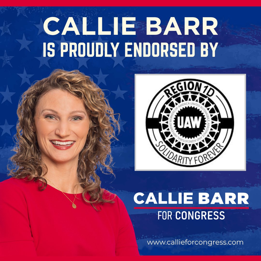CallieMBarr's tweet photo. We're proud to earn the endorsement of UAW Region 1-D.

This campaign is about putting working people first; protecting the right to organize, strengthening unions, and creating good-paying jobs.

Thank you for your trust and support. We're ready to get to work. https://t.co/dpSH2idYhn