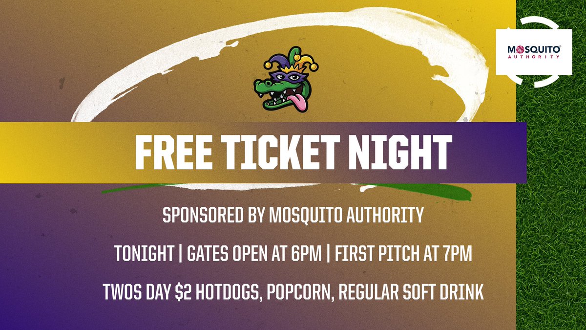 gumbeauxgators's tweet photo. 🎉 It's FREE TICKET NIGHT!!! 🎉 Join us tonight at the ballpark for an unforgettable evening! Gates open at 6 PM and first pitch is at 7 PM! Enjoy $2 hotdogs, popcorn, and regular soft drinks. Don’t miss out! ⚾️ #GumbeauxGators https://t.co/xU6wwX2rAf