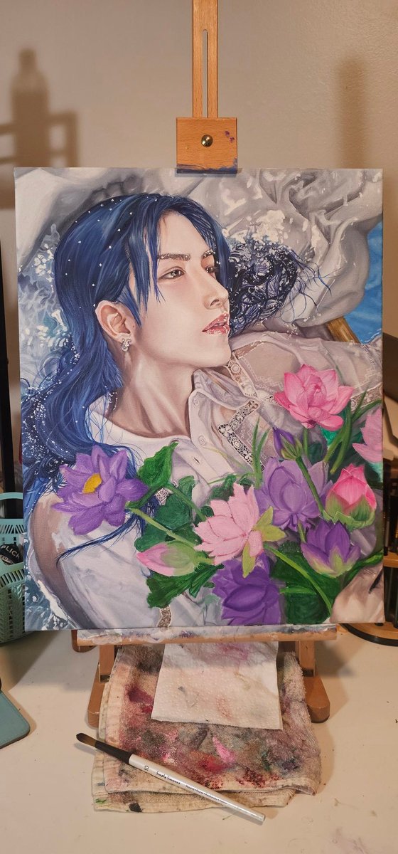 MaybeAWerewolf's tweet photo. Worked on this painting of @official_ACE7 seyuni! I just have to get the flowers done and it's finished! #art #oilpainting #kpopfanart https://t.co/Wl2EMdILhf
