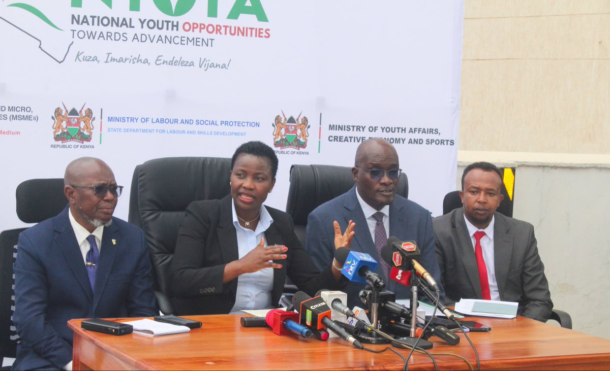 MSEA_Kenya's tweet photo. The Principal Secretary, State Department for MSME Development, Ms. Susan Mang’eni
flanked by Micro and Small Enterprises Authority (MSEA) CEO Mr. Henry Rithaa, Dr. Moses Banda of the Presidential Economic Transformation Secretariat (PETS), and MSMEs Secretary Mr. Mohammed Doyo today provided a status update on the implementation of the National Youth Opportunities Towards Advancement (NYOTA) Project.

To date, 122,147 youth across all 1,450 wards in Kenya, alongside 5,000 youth from Kakuma and Dadaab refugee camps and host communities, have benefited from the Business Support Component through Business Development Services (BDS) training, mentorship, and the first tranche of start-up capital support.
Encouragingly, findings from the first mentorship cycle and second BDS training indicate that over 99% of beneficiaries who received start-up capital have already established businesses, demonstrating strong entrepreneurial potential among Kenyan youth.

The Government acknowledges concerns regarding the delay in the disbursement of the second tranche of start-up capital, occasioned by budgetary adjustments following the expansion of the programme. Beneficiaries are advised that the second tranche will be disbursed to all eligible youth before 30th June 2026, with all beneficiaries receiving support simultaneously.

The Government appreciates the patience and continued support of beneficiaries and stakeholders and urges the public to rely on official NYOTA communication channels for authentic updates and announcements.
#EmpoweringMSEs @NYOTA_Kenya 
@DrOparanya @SusanAMangeni @CoopsandMSMEs @MSMEs_KE @NYC_YouthVoice @HRithaa @JamesMureu