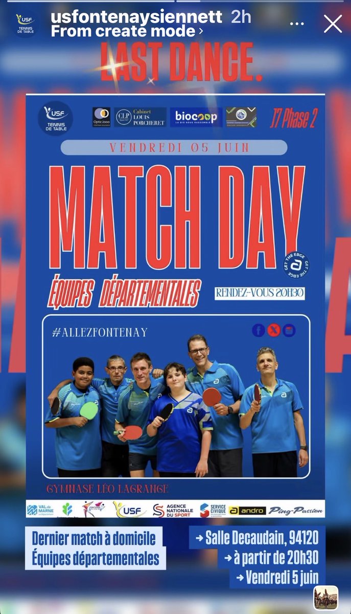 USFTT1's tweet photo. Dernières journées à domicile.
Vendredi et samedi 5 et 6 juin 🏓👍
Allez Fontenay !!
@optic2000_fsb @cabinet_porcheret@valdemarne_94 @jpgautrais @cd94tt @biocoop
@villedefontenay @usf.omnisports @ffttofficiel @fftt_idf @androtabletennis https://t.co/oBeGLIi6is