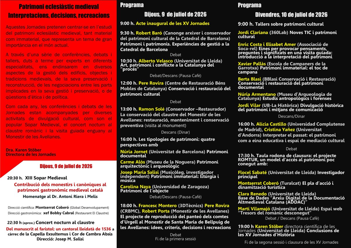 mavellanes's tweet photo. Ens ha quedat un programa brutal! XV Jornades d'Història del #monestirdelesavellanes 9 i 10 de juliol 2026. Inscripcions obertes!!
@SGRMedieval_UdL @MaristesCat

https://t.co/yEv64GMUrY https://t.co/g0CdT3nADk