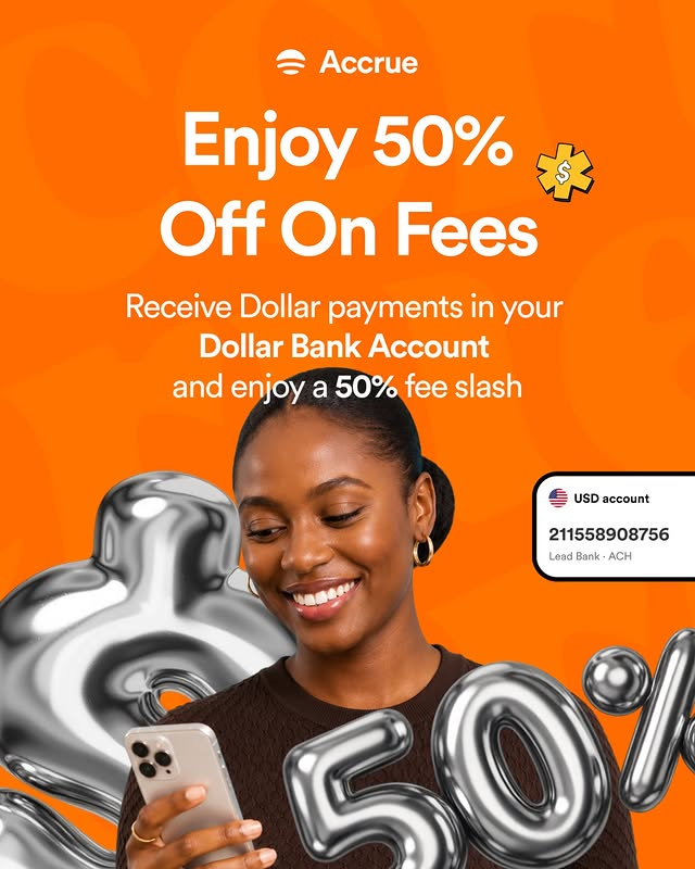 useaccrue's tweet photo. Last call‼️

Get 50% off on conversion fees for Dollar Payments this week. 

Use the Accrue Dollar Bank Account to get paid easily.

https://t.co/4tC0aR1WAy https://t.co/4tMtksPpTH