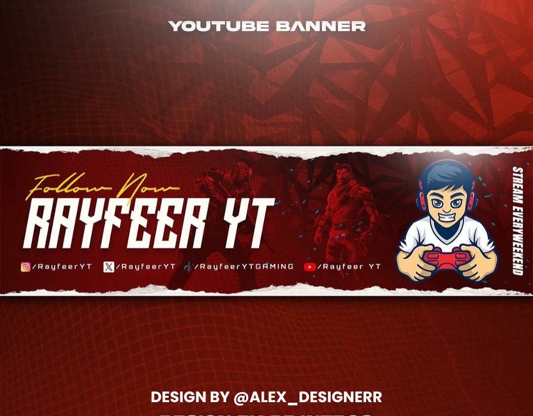 Alex_designerr's tweet photo. Fresh YouTube banner drop for @RayfeerYT 

I'm OPEN for commissions!
#GamingBanner #YouTubeBranding #GraphicDesign https://t.co/Xgs2XRqDnx