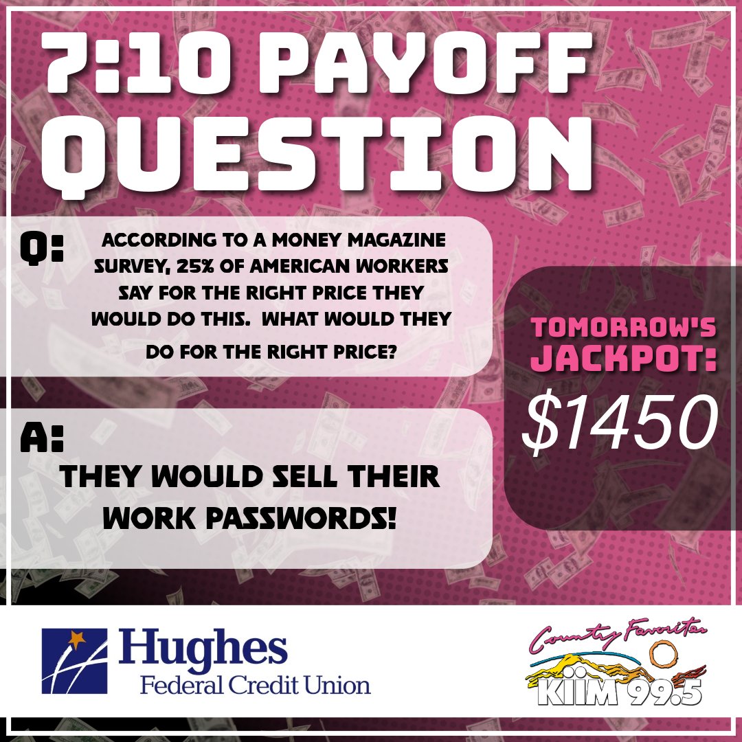 KIIM995's tweet photo. Listen to Max, Shannon &amp; Porkchop Wednesday (6/3) morning for your chance to win the $1450 jackpot with the 7:10 Payoff Question! 🤠✨⁣⁣⁣⁣⁣
⁣⁣⁣⁣⁣
Sponsored by Hughes Federal Credit Union! https://t.co/LxUhz4dbDH