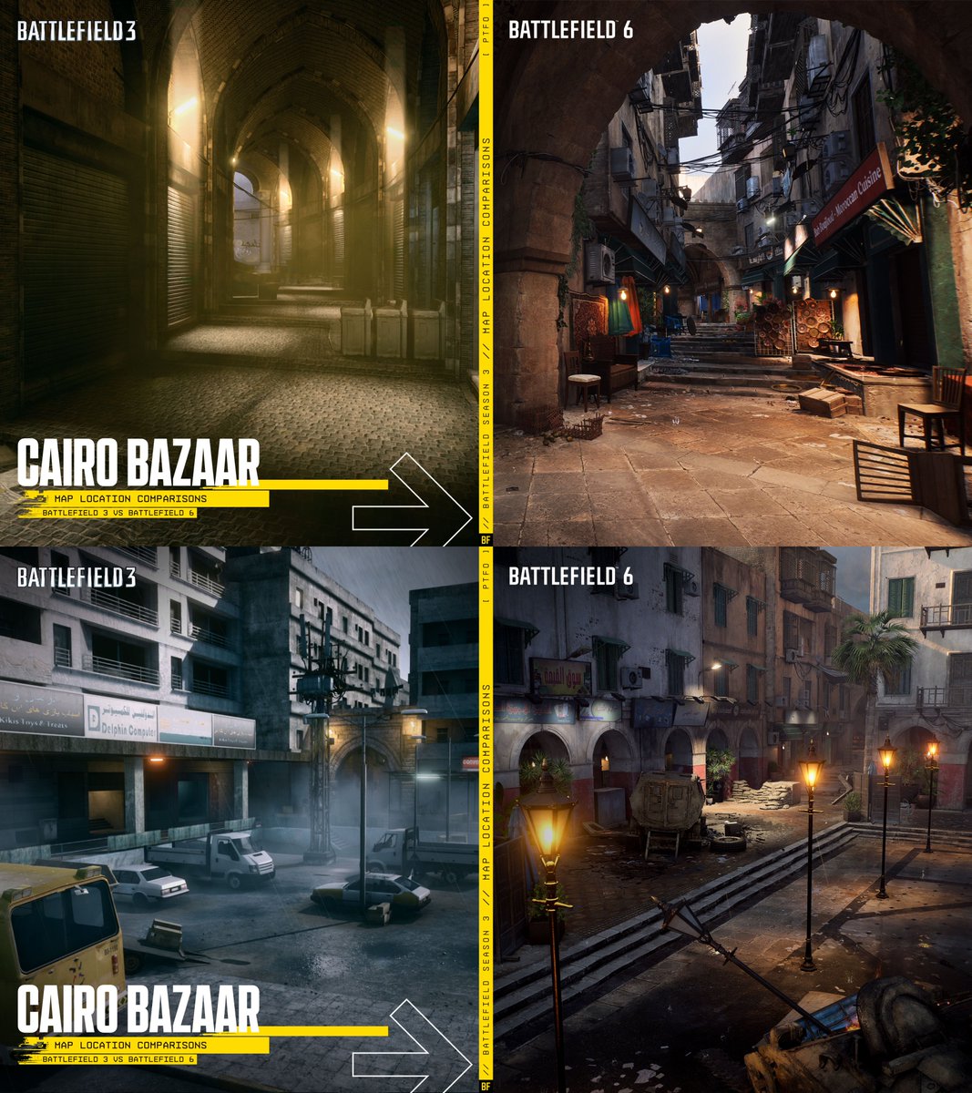 BFBulletin's tweet photo. Battlefield Studios says the original layout from #Battlefield3's Grand Bazaar is still there in "spirit and feeling," but they've improved gameplay and overhauling the visual design in the reimagined version of #Battlefield6.

🔹 Cairo Bazaar supports both small and large scale mode experiences.
🔹 They've refined the TDM area from the original map, with Domination being added to the same combat zone.
🔹 The amount of destruction has been dramatically increased. Players will have the agency to widen choke-points and side-step them entirely by breaking down the destructible environments.
🔹 Cairo Bazaar features blow open shortcuts that were not present in Battlefield 3's map version.
🔹 They've added additional cover pieces, especially in Plaza and Checkpoint areas.
🔹 In order to avoid a potential bottleneck at faction's headquarters, Cairo Bazaar has added additional alleyways and overhead cover to the original one-way streets.
🔹 The Marketplace with the infamous "big banana" lane still in-tact. It's set among the archways of an indoor bazaar instead of an outdoor alleyway. It also shows clear signs of a hurried evacuation during the recent conflict, with details that reflect its abrupt abandonment.
🔹 The Boulevard area now features a few buildings and a massive destructible archway to give players a bit more to fight around and give IFVs something to take cover behind. Since Cairo Bazaar takes place in the wake of a sudden evacuation, you'll find some vehicles abandoned mid-journey in this area.
🔹 Plaza and Checkpoint have been hit hardest by the conflict with buildings reduced to near-total ruin. Vehicles can still barrel up-and-down the lane with ease, but new cover pieces make these areas more conducive for infantry squad battles compared to the Boulevard.
🔹 In the Plaza, the hotel still burns in the aftermath of the recent attacks.