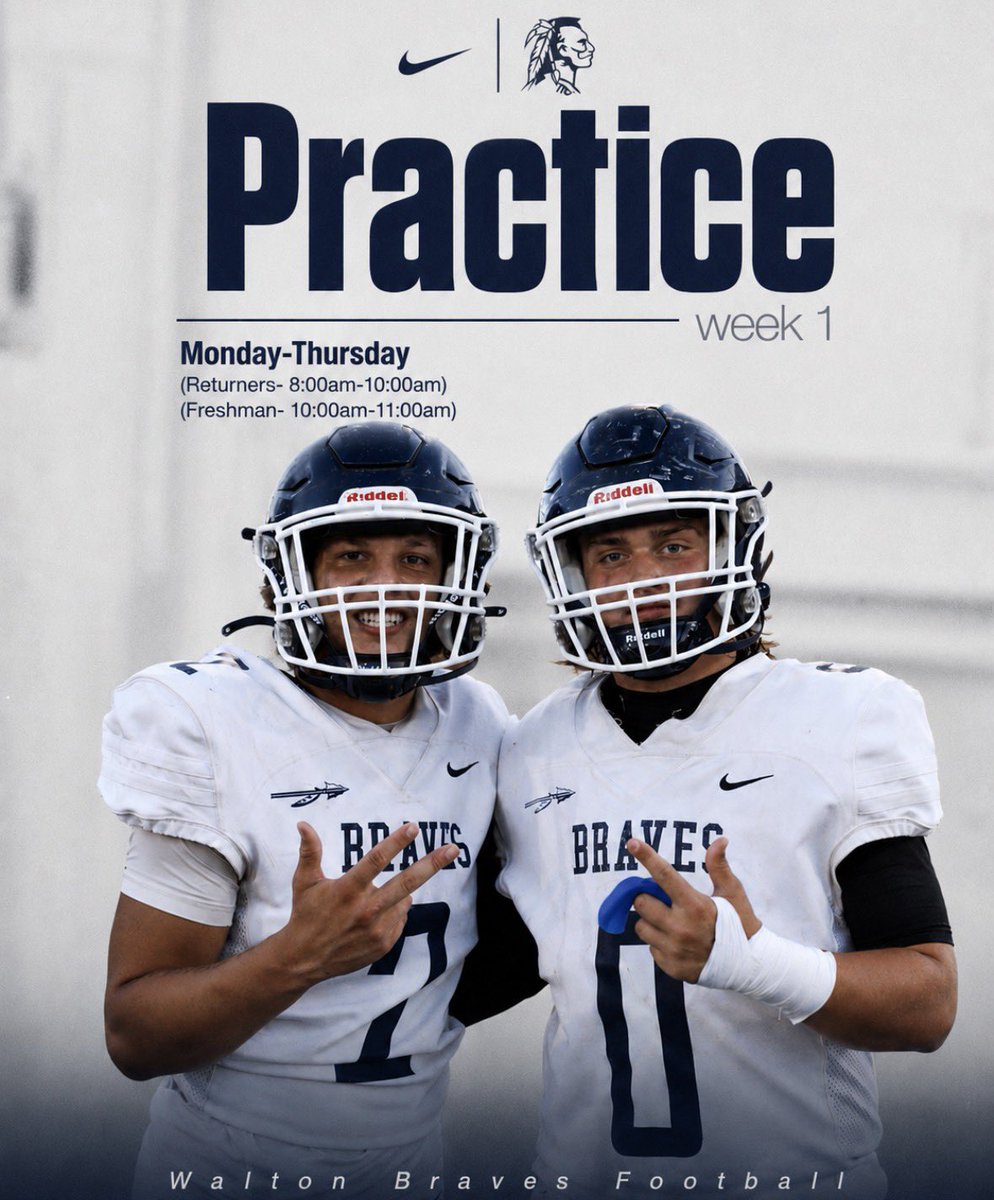 WHSBravesFB's tweet photo. WHS Week 1 of Practice begins next week 🏈

Monday-Thursday
Returners (8:00am-10:00am)
Freshman (10:00am-11:00am)

#WaltonFootball • #BuiltToBattle https://t.co/TCAhGnT7ca