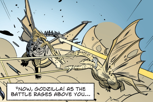 GodzillaWiki's tweet photo. In the 2025 IDW comic 「Godzilla: Here There Be Aliens」, rather than Mecha-King Ghidorah being a form of the regular King Ghidorah, its organic parts are cloned from him by the Xiliens. The Simians later reanimate the real King Ghidorah as "Frankenghidorah" in order to fight it. https://t.co/XFuk3iRQPE