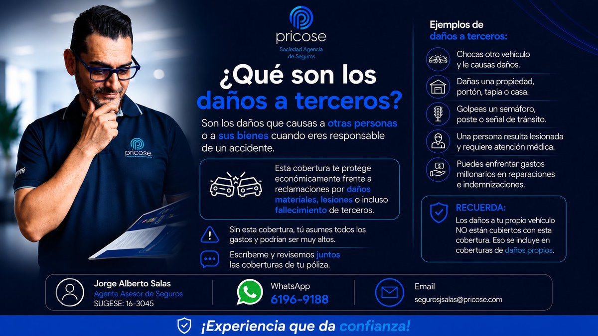 AgenteSalas's tweet photo. 🚗⚠️ ¿Qué son los daños a terceros?

Son los daños que causas a otras personas o a sus bienes cuando eres responsable de un accidente.

Esta cobertura puede proteger tu patrimonio frente a reparaciones, lesiones e indemnizaciones.

📲 6196-9188

#Seguros #INS #DañosATerceros #CostaRica