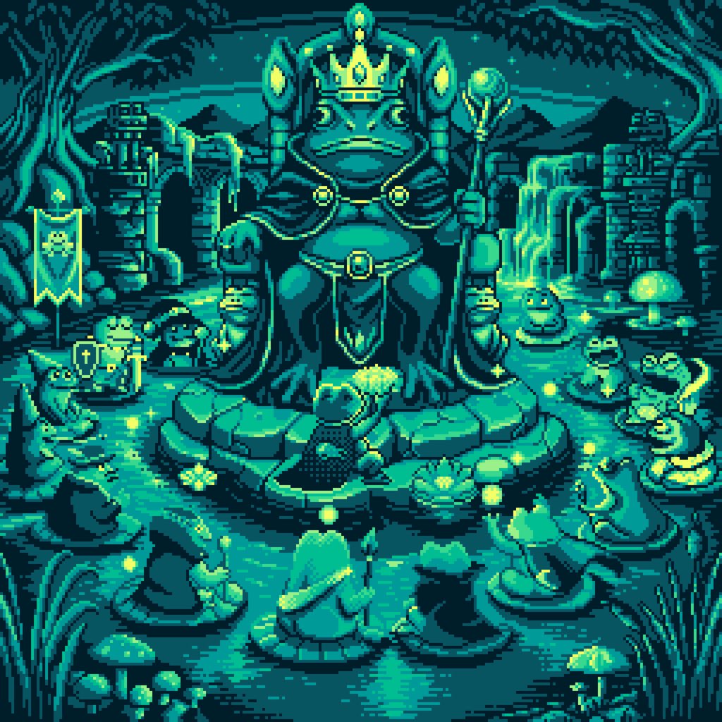0xNimaShah's tweet photo. The chosen frog offered a glowing lotus to the Frog King.
As the gift touched the throne, the pond began to shimmer.
mint #pixelart everyday on #basepaint
https://t.co/FZnWvxTzJY https://t.co/RFz8nv9rDn