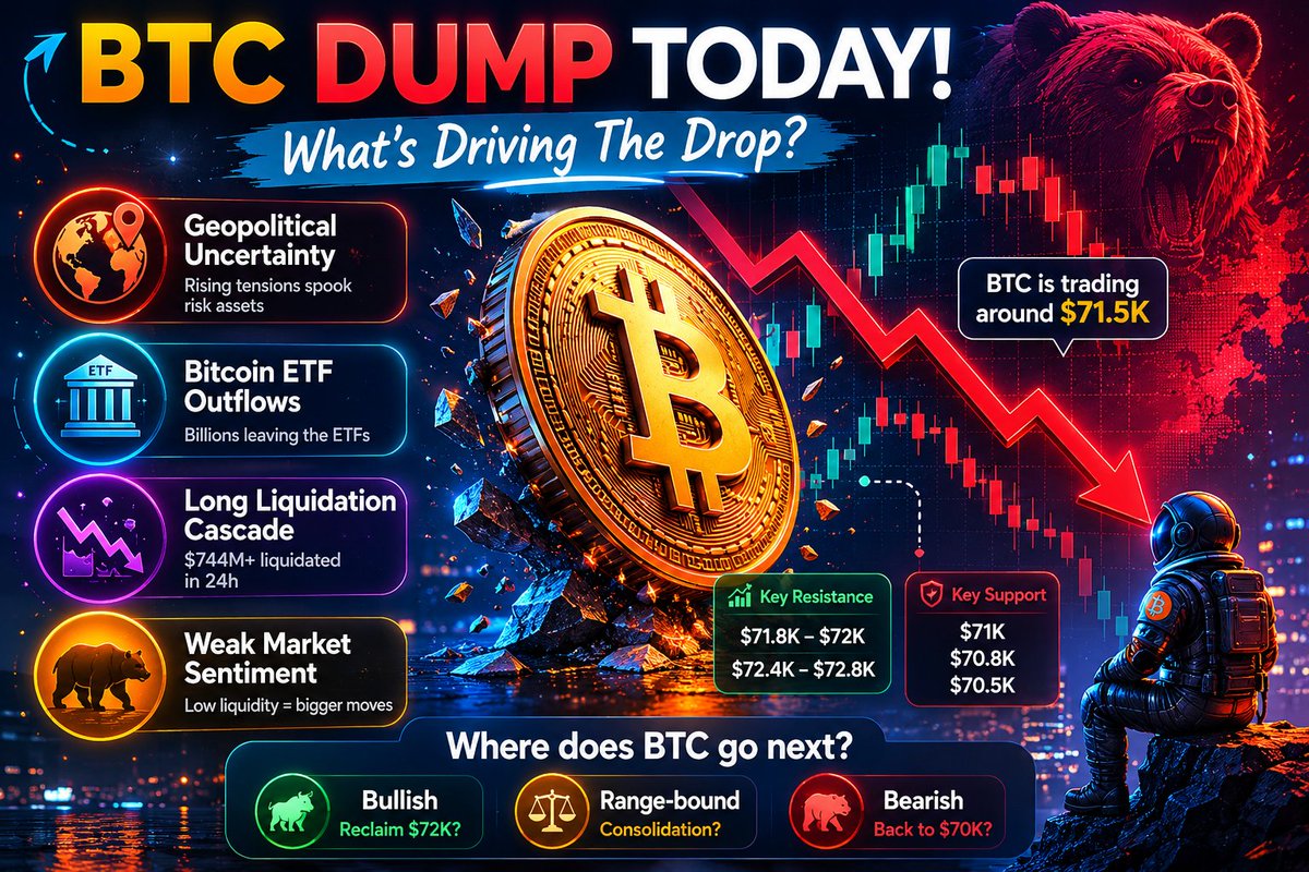 gotherungkat's tweet photo. #BTC just saw a sharp drop toward the $71K zone.

Several factors appear to be driving the move:
• Geopolitical uncertainty
• #Bitcoin ETF outflows
• Long liquidation cascade
• Weak market sentiment

The big question now:
Will #BTC reclaim $72K and continue its recovery, or are we heading for another leg down toward $70K?

Curious to hear what CT thinks. 👇
Are you bullish or bearish from here?