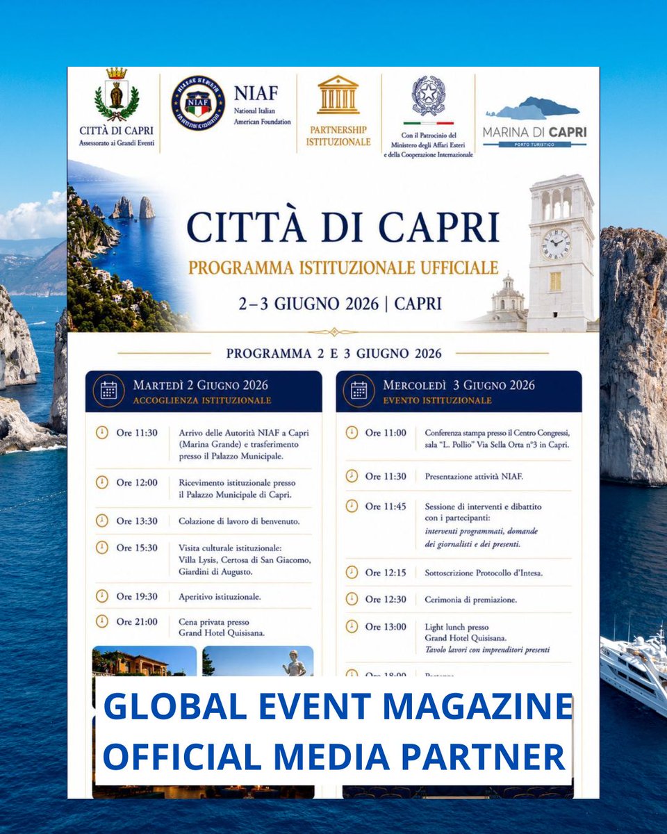 GeMagazineNycIt's tweet photo. Siamo orgogliosi di annunciare che Global Event Magazine è Official Media Partner del programma istituzionale della Città di Capri, in collaborazione con la National Italian American Foundation (NIAF) e con il patrocinio del Ministero degli Affari Esteri e della Cooperazione Internazionale. Il 2 e 3 giugno saremo a Capri per seguire incontri istituzionali, conferenze stampa, momenti di confronto internazionale e la cerimonia di premiazione, raccontando ai nostri lettori ciò che accade dietro le quinte di un evento che unisce Italia e Stati Uniti. Da New York a Roma, passando per Capri: il nostro impegno continua nel dare voce alle storie, alle istituzioni e agli eventi che costruiscono ponti tra culture, territori e persone.#Niaf #Capri