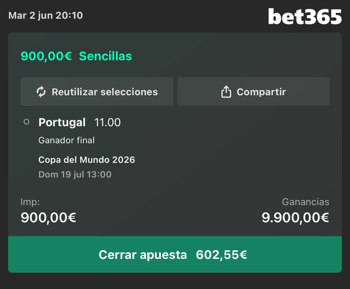 AlbertoPanther7's tweet photo. Sin lugar a dudas en relación a las cuotas ofrecidas y las posibilidades objetivas, la selección más rentable por la que puedes apostar para ganar el próximo Mundial es Portugal. Yo lo tengo muy claro 🤞🏼

900€ a cuota 11 para celebrar el verano.