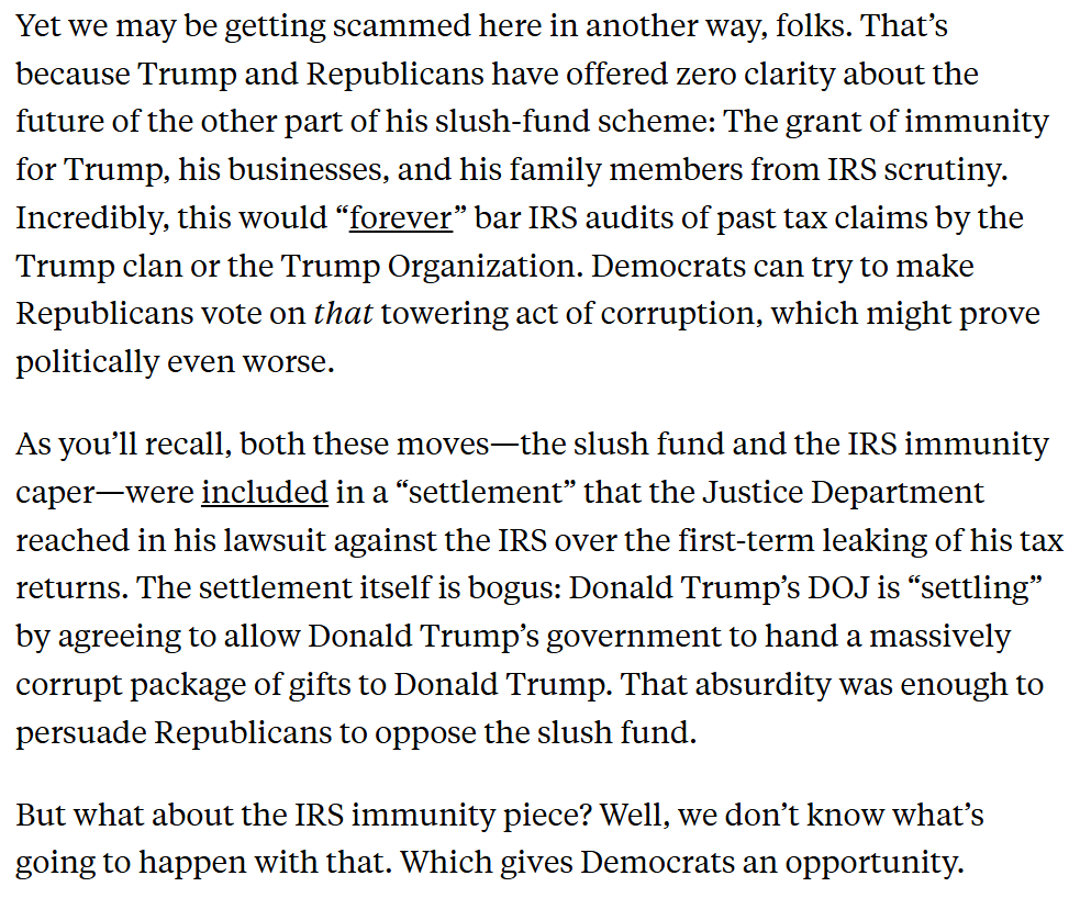 GregTSargent's tweet photo. Folks, we may be getting scammed. Rs are putting on a big show of killing Trump's slush fund. But what about the part of the IRS settlement that gives Trump, his businesses and his family immunity from audits? They're not saying anything about that:

https://t.co/ChH1ql8ewS https://t.co/5wcOOvqo3Z