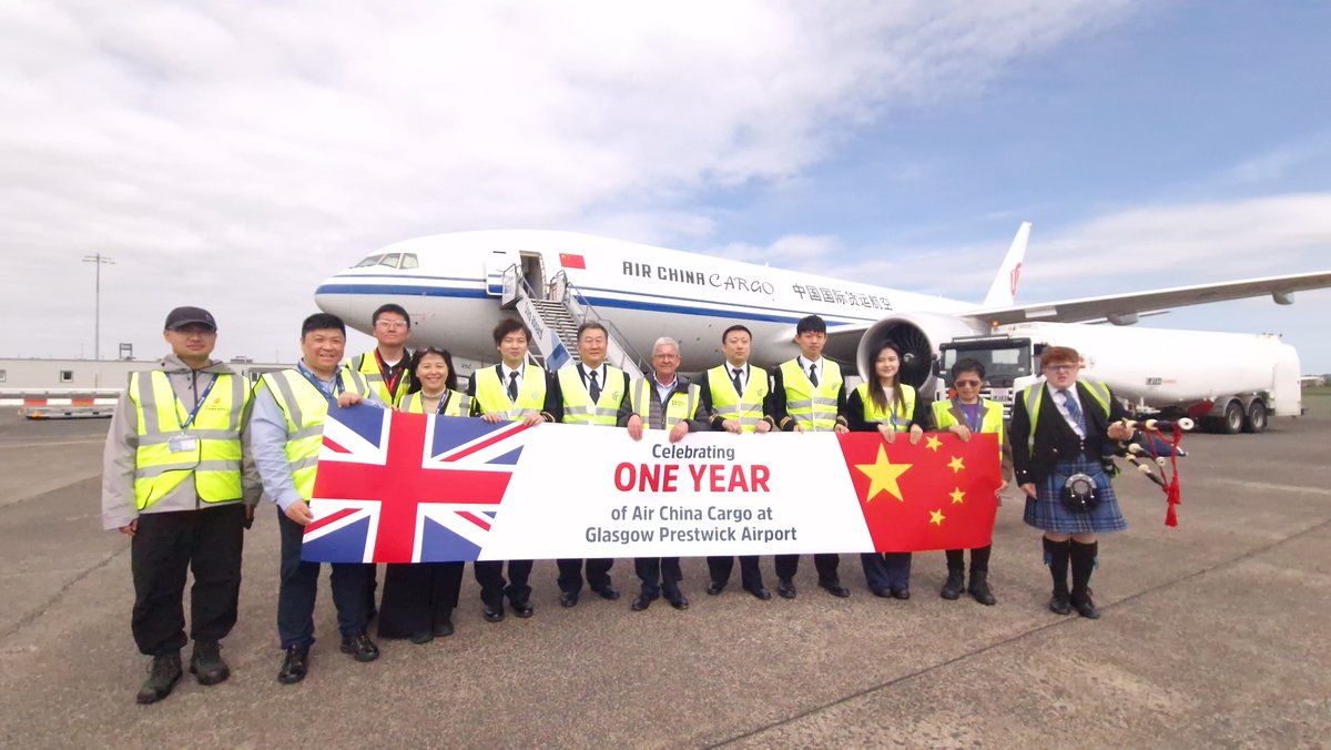 GPAPassenger's tweet photo. Today we're celebrating one year of Air China Cargo operations at Glasgow Prestwick Airport. Thank you to our customers, partners and colleagues who have supported this journey🔗 https://t.co/oqp1RbGgee

#AirChinaCargo #Cargo #AirFreight #Logistics #Aviation #Trade #Exports https://t.co/KFDbjUMaZg