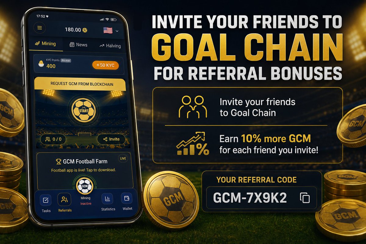 gcmfootballfarm's tweet photo. ⚽🔥 Goal Chain is growing!
Invite your friends to Goal Chain and increase your earnings 🚀
🏆 For every friend you invite
💰 Earn 10% more GCM
⚡ More friends = More rewards
#GoalChain #GCM #Crypto #BlockchainInfrastructure #Web3 #CryptoMining #MobileMining #CryptoCommunity https://t.co/7c1ulrUs5A