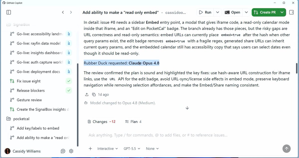 FlowAltDelete's tweet photo. Rubber Duck mode.

Copilot can bring in another model to review the plan.

In the demo, it requested Claude Opus 4.8 to look over the approach.

That’s a big signal.

The future is not one model doing everything.
It’s orchestration. https://t.co/e95E3EvHms