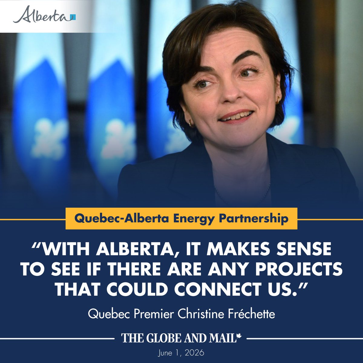 ABDanielleSmith's tweet photo. I’m looking forward to meeting with Premier Christine Fréchette @CFrechette in Quebec over the next two days.

Alberta and Quebec have a tremendous opportunity to work together to advance nation-building projects, strengthen Canada’s economy, and finally move forward on the infrastructure and trade corridors our country should have built years ago.

When provinces lead, great things can happen. The possibilities are endless. 

Read the full story here: https://t.co/Hg9QJ6HtTU