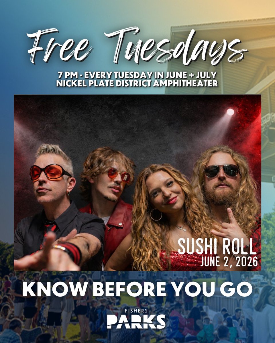 FishersParks's tweet photo. Come out to the Nickel Plate District Amphitheater TONIGHT to enjoy tunes from the Sushi Roll Band, food, beverages, treats &amp; good vibes! 

See you tonight at 7 p.m.! 🎸 https://t.co/pYDoEGCPow