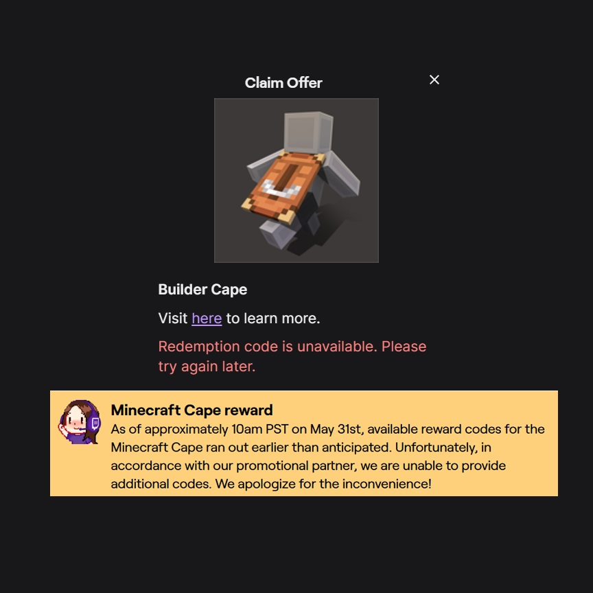 PopcornRazer's tweet photo. ⚠️RUPTURE DES CODES pour la " BUILDER CAPE MINECRAFT " !
Twitch a déjà épuisé tous les stocks de codes disponibles malgré une fin des drops le 15 JUIN !
Je vous incite à chercher les dernières sur TikTok ! #buildercape #minecraft #craftercape #popcornrazer https://t.co/oItJXUR5iU