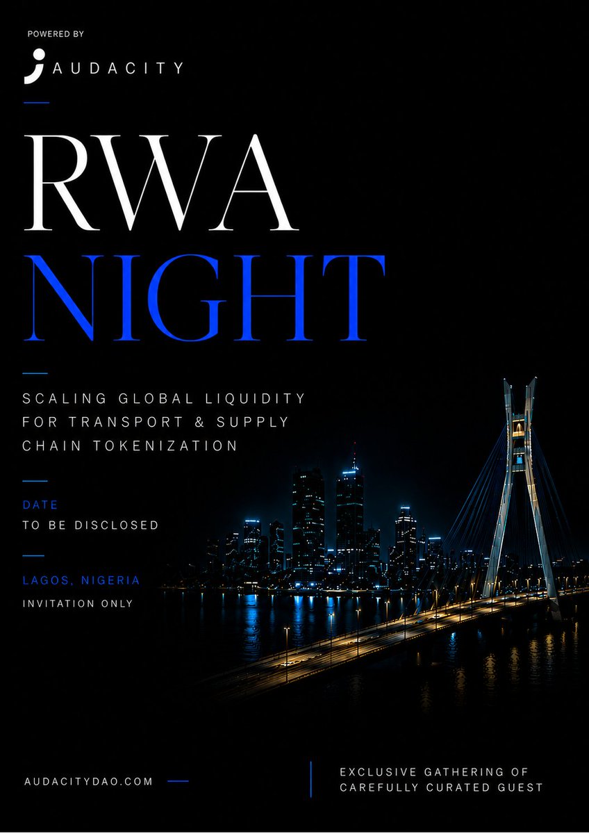 audacityonchain's tweet photo. While most capital chases narratives, a new class of investors is funding reality.

Transport assets.
Supply chain infrastructure.
Real economic activity.

Join us for an exclusive evening exploring the future of transport and supply chain tokenization.

RWA Night

A carefully curated gathering of operators, investors, founders, and institutions shaping the next chapter of real-world assets.

Powered by Audacity.

Invitation Only.