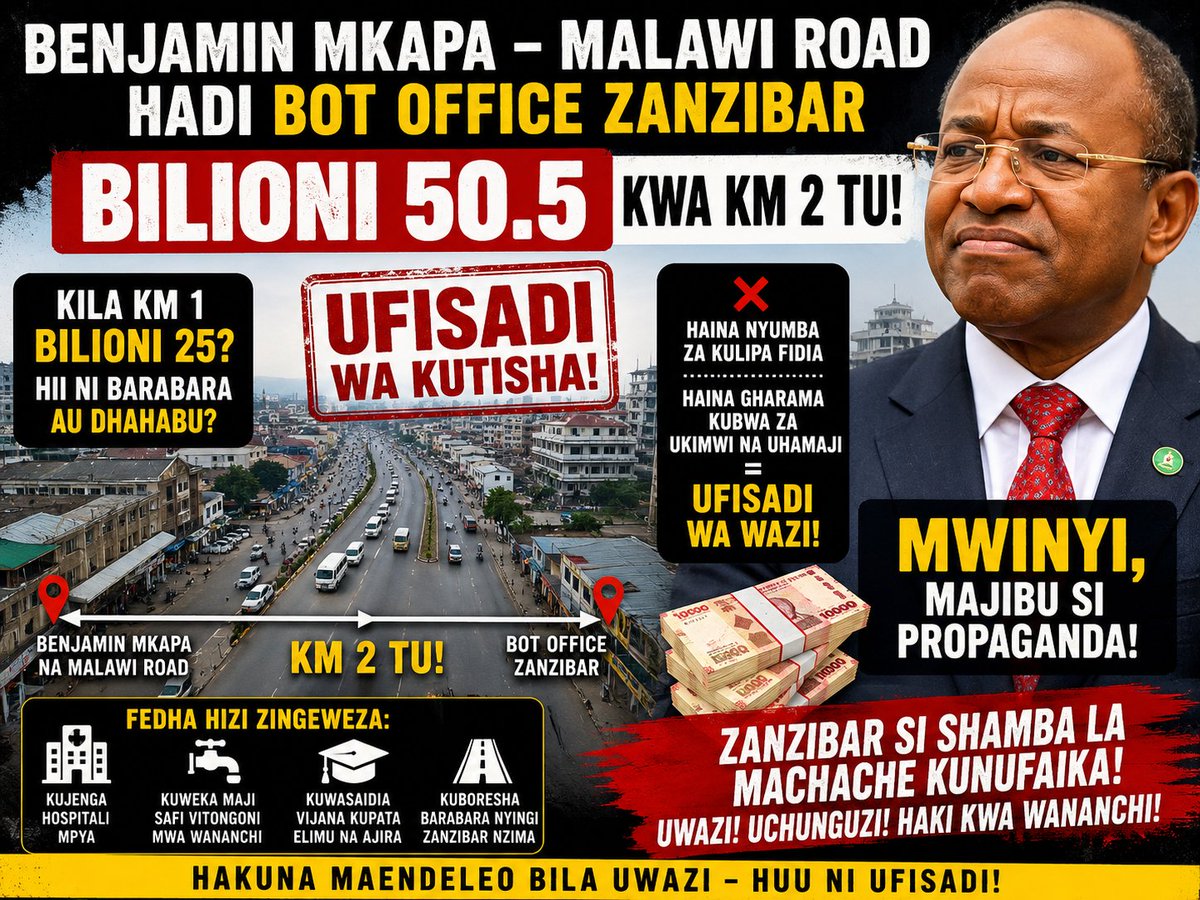 Oraibtz's tweet photo. Hussein Ali Mwinyi, barabara ya Benjamin Mkapa na Malawi Road hadi Bank of Tanzania yenye km 2 kwa bilioni 50.5 bila hata gharama kubwa za fidia ni kashfa kubwa.

Kilomita  moja bilioni 25 kwa barabara ya mjini iliyopo tayari? Haya si maendeleo  huu ni ufisadi wa wazi ulovunja mipaka 
Wananchi wanataka uwazi na maelezo ya kweli, haya ni matumizi ya kutisha ya fedha za umma.