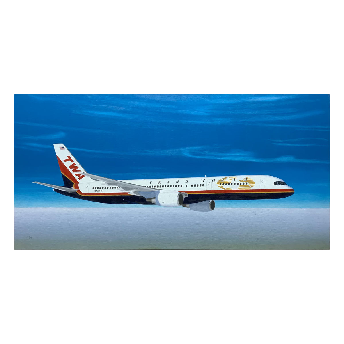 RaleighExec's tweet photo. TWA 757 | 15x30 Oil on Linen | This work by Douglas Rowe is on exhibition in the Raleigh Exec terminal with a collection of his aviation-inspired paintings. Many of his works are available as original paintings or fine art prints. For more, visit https://t.co/rPeQYrTwlT. https://t.co/igG81pW2n0