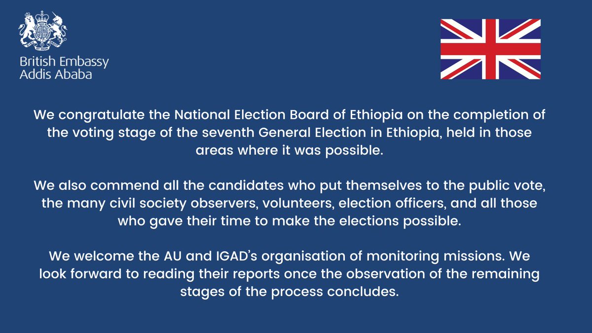 UKinEthiopia's tweet photo. We commend the National Election Board of Ethiopia on the organisation of the 7th General Election voting stage where possible, and all candidates, observers, volunteers and officials who made it happen.

#UKInEthiopia https://t.co/6LgeuQf9Rb