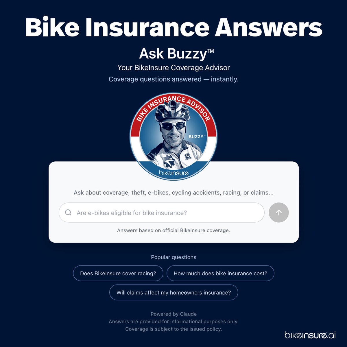 endurancewire's tweet photo. @BikeInsure has launched Buzzy™ — an AI-powered Bike Insurance Advisor built using Claude AI. 

Integrated right into their site, Buzzy delivers real-time conversational guidance on e-bike and bicycle coverage. 

Full release: https://t.co/Je5iIUfKhA

#bikeinsure #ai https://t.co/yRj0HwJX4v