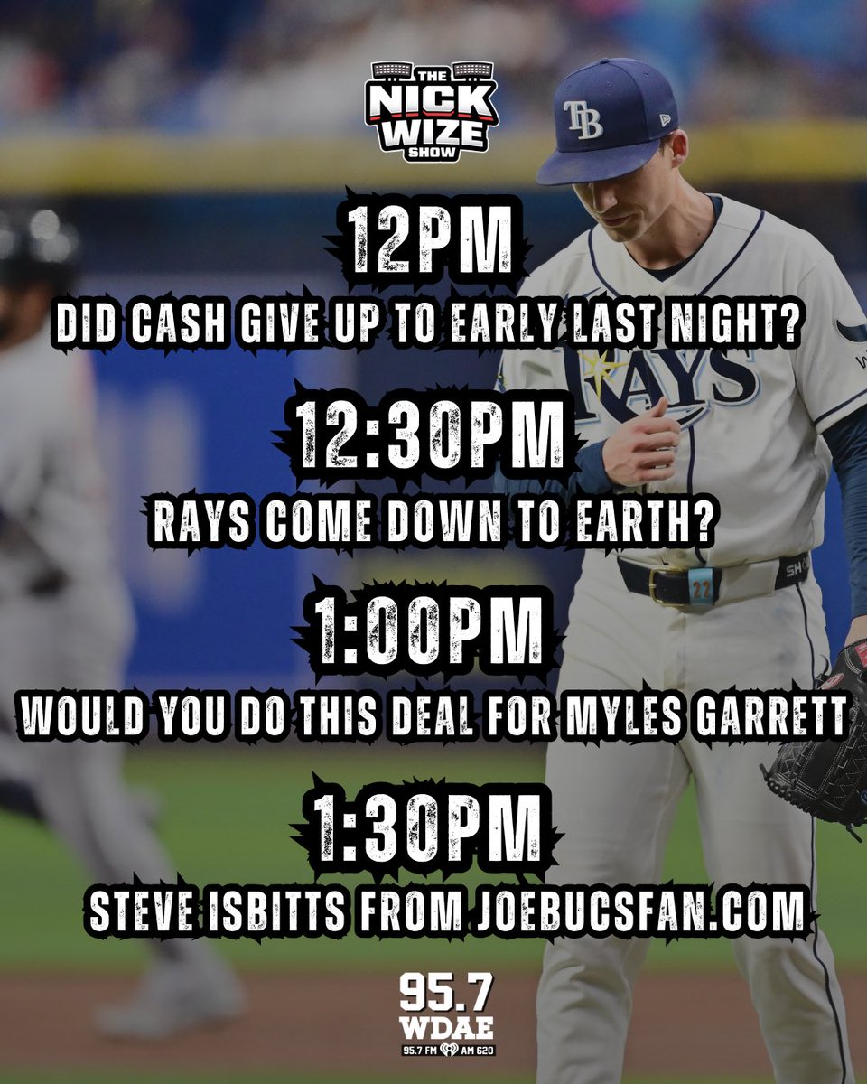 957WDAE's tweet photo. It’s Time for the @iAmNickWize Show!

⚾️Did Cash give up to early last night? #RaysUp 

🌎Have Rays come down to Earth?  

🏈Would you deal this deal for Myles Garrett? #WeAreTheKrewe

🎙️Steve Isbitts from @JoeBucsFan joins the show!

TUNE IN BELOW ⬇️
📻 https://t.co/d7SnY112lq https://t.co/2VsydKTjEE