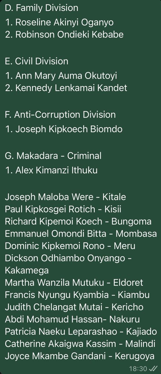 CaxstonePKigata's tweet photo. The Chief Justice has posted the 24 newly appointed Judges of High Court (11 at Nrb) as follows:
A. Commercial &amp;Tax
1. Winnie Narasha Molonka
2. Leticia Muthoni Wachira
3. Benard Wafula Murunga

B. Judicial Review
1. Dr Nabil Mokaya Orina

C. Constitutional
1. David Wanjohi Mburu https://t.co/XwhdQvjwCG