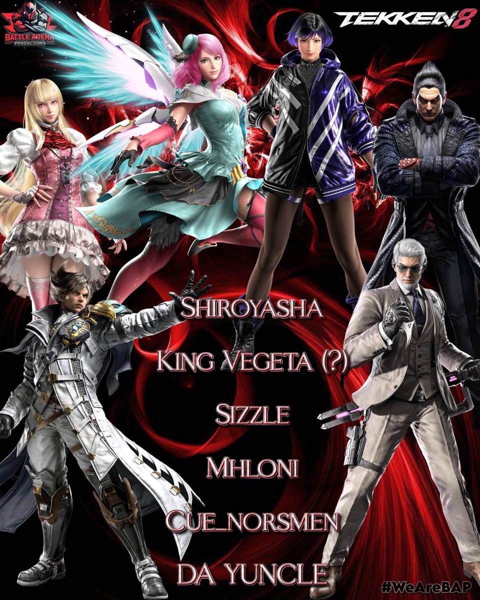 BattleArenaMain's tweet photo. Tonight we go to war!! @AfricanGaming SZN 4 playoffs for Tekken 8 is the battle ground for our fighters. Good Luck!

@BAP_Shiroyasha 
@kingvegeta_bap 
@Sizzlemancer 
@Cue_NORSMEN 
@Mhloni_rlly 
@unknown1player1 

#WeAreBAP https://t.co/c69XxI6V31