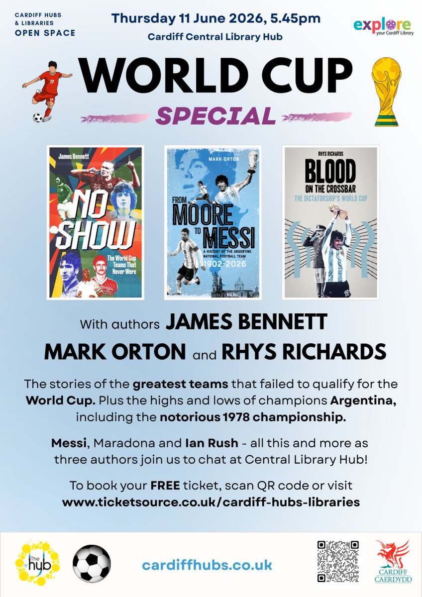 MarkAOrton's tweet photo. Looking forward to chatting about all things World Cup with @JBennettWriter and @RhysWRichards at Cardiff Library on 11 June https://t.co/7ODjzXFOk3