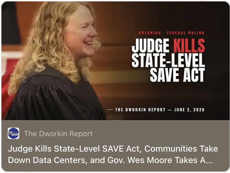 timaxustim's tweet photo. Judge Kills State-Level SAVE Act, Communities Take Down Data Centers, and Gov. Wes Moore Takes A Sledgehammer To The Regime’s Rising Costs https://t.co/bj9Xz31h0T https://t.co/m3f4aUgb45