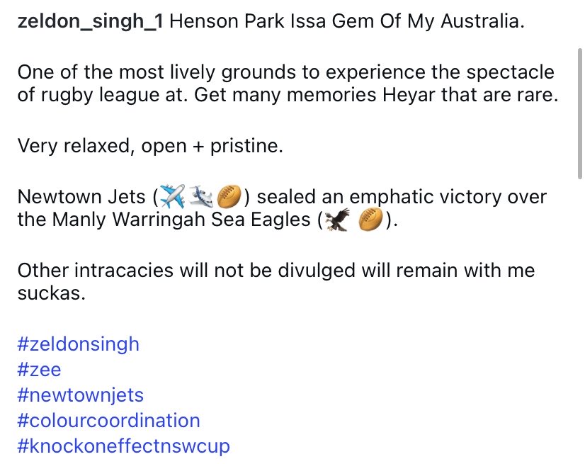 SinghZeldon's tweet photo. Henson Park Issa Gem Of My Australia.

Newtown Jets (✈️🛩️🏉) sealed an emphatic victory over the Manly Warringah Sea Eagles (🦅 🏉).

Other intracacies will not be divulged; will remain with me suckas.

#zeldonsingh
#zee
#newtownjets
#colourcoordination 
#knockoneffectnswcup https://t.co/5Jipk8xiM9