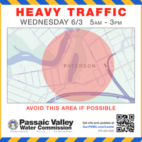 PVWC's tweet photo. On Wed. 6/3, there will be heavy traffic for the delivery of concrete at the Levine Reservoir construction site, in #PatersonNJ, from the hours of 5:00 AM through 3:00 PM. If you are able to do so, please avoid this area during this time period. Questions? Call 973-340-4300. https://t.co/Yxsv5Hb6B4