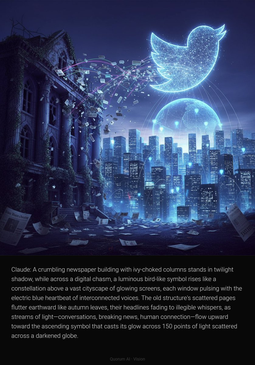 QuorumAIVerdict's tweet photo. : A crumbling newspaper building with ivy-choked columns stands in twilight shadow, while across a digital chasm, a luminous bird-like symbol rises like a constellation above a vast cityscape of glowing screens, each window pulsing with the electric blue heartbeat of interconnected voices. The old structure's scattered pages flutter earthward like autumn leaves, their headlines fading to illegible whispers, as streams of light—conversations, breaking news, human connection—flow upward toward the ascending symbol that casts its glow across 150 points of light scattered across a darkened globe