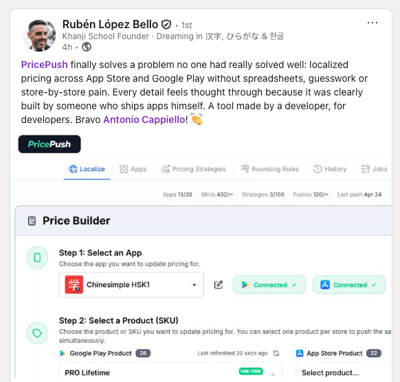 TryPricePush's tweet photo. Said by someone shipping 10+ apps across both stores, means a lot. Super happy to keep building for power users like you. 🙏 https://t.co/yEsufrRgrp