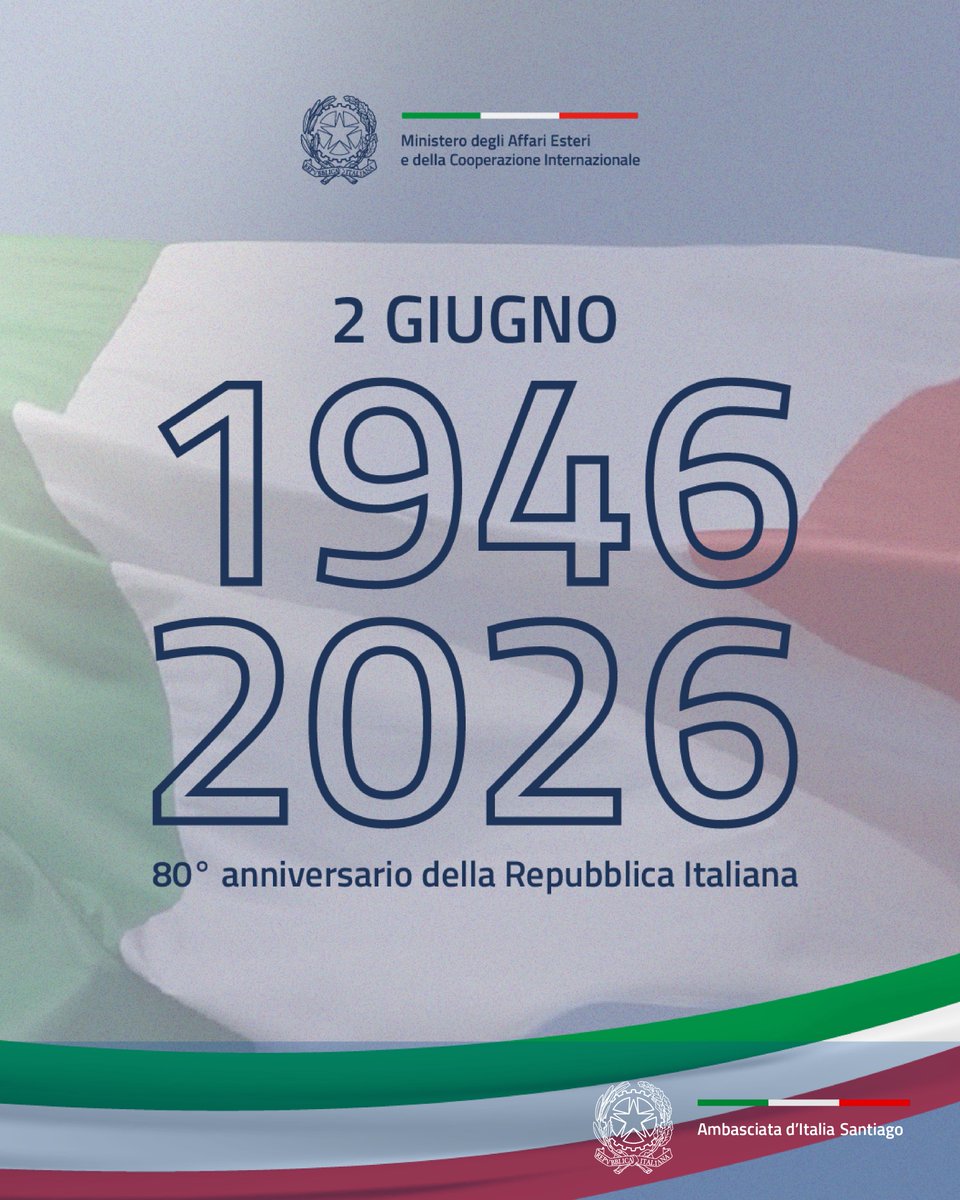 ItalyinChile's tweet photo. 🇮🇹✨ ¿Por qué el 2 de junio es una fecha tan importante para Italia?

Este 2026 celebramos 80 años de historia republicana. Todo comenzó el 2 de junio de 1946 con un referéndum histórico que marcó el inicio de una nueva etapa para Italia. Una jornada que destacó, además, por la primera participación del voto femenino.
El hito nos conecta en un festejo global a través de cada embajada. En Chile lo vivimos con especial alegría, celebrando junto a la comunidad chilena de origen italiano, y a todos quienes mantienen vivo este lazo, un vínculo histórico que crece día a día gracias a su valioso aporte cultural, económico y social. 🇨🇱🤝🇮🇹

¡Celebremos el orgullo de nuestra identidad y el futuro que seguimos construyendo juntos!.

#ItalyInChile #FiestaDeLaRepública #2DeJunio

***
 🇮🇹✨ Perché il 2 giugno è una data così importante per l'Italia?

In questo 2026 celebriamo 80 anni di storia repubblicana. Tutto ha avuto inizio il 2 giugno 1946 con uno storico referendum che segnò l'inizio di una nuova era per l'Italia. Una giornata arricchita, inoltre, dalla prima partecipazione delle donne al voto.

Questo traguardo ci unisce in una celebrazione globale attraverso ogni Ambasciata. In Cile lo viviamo con particolare gioia, festeggiando insieme alla comunità cilena di origine italiana, e a tutti coloro che mantengono vivo questo legame, un vincolo storico che si rafforza di giorno in giorno grazie al loro prezioso contributo culturale, economico e sociale. 🇨🇱🤝🇮🇹

Celebriamo l'orgoglio per la nostra identità e il futuro che continuiamo a costruire insieme!

#ItalyInChile #FestaDellaRepubblica #2Giugno