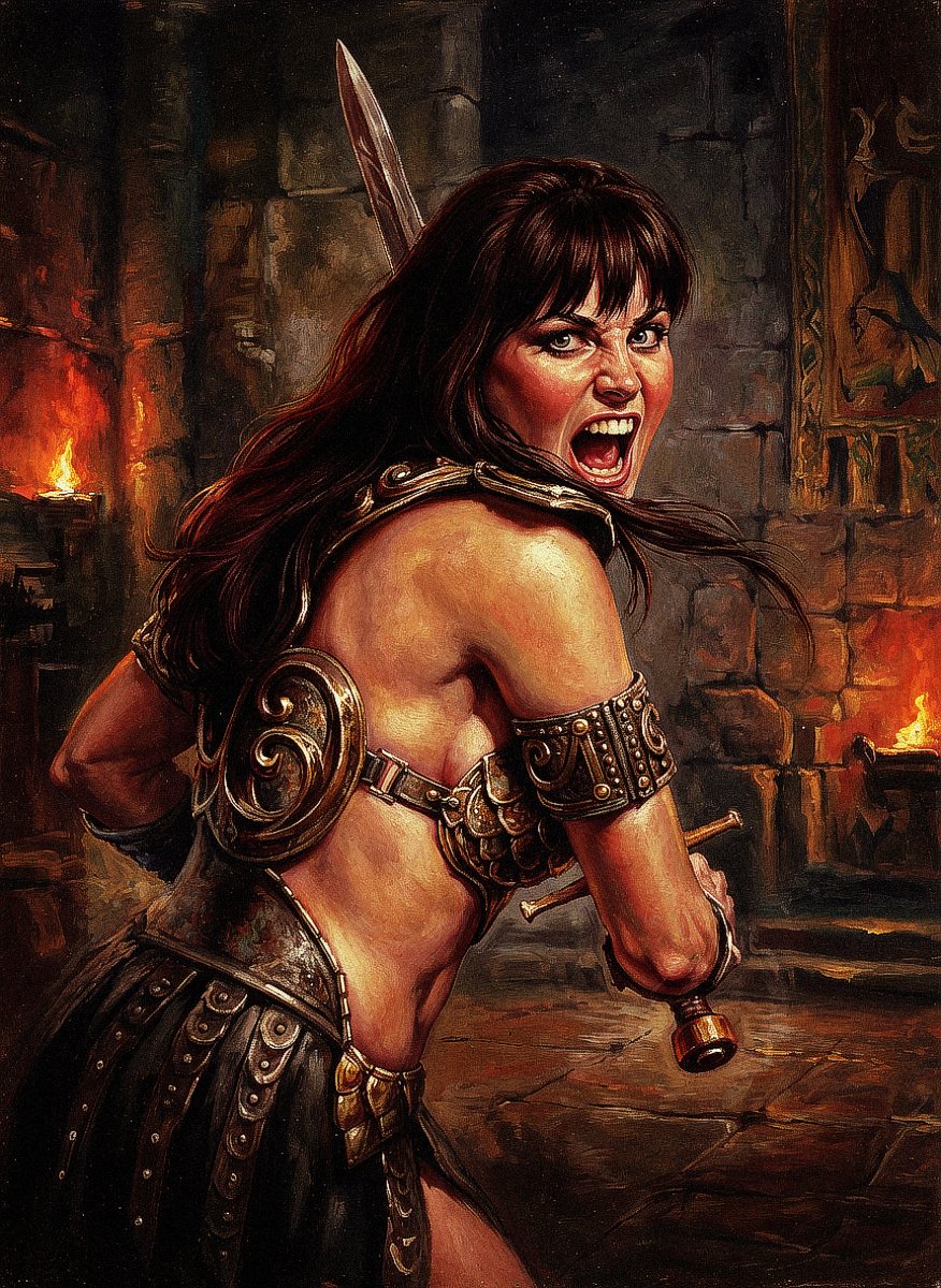ComicSwipe's tweet photo. The descriptive text for fantasy master Sanjulian’s Red Sonja – Warrior Princess Battle Cry says it’s “inspired by Xena: Warrior Princess,” which anyone from that era would spot instantly. I still remember the 2001 calendar—hard not to feel inspired. ⭕🗡️#FantasyArt #LucyLawless https://t.co/mCuOXlvFRo