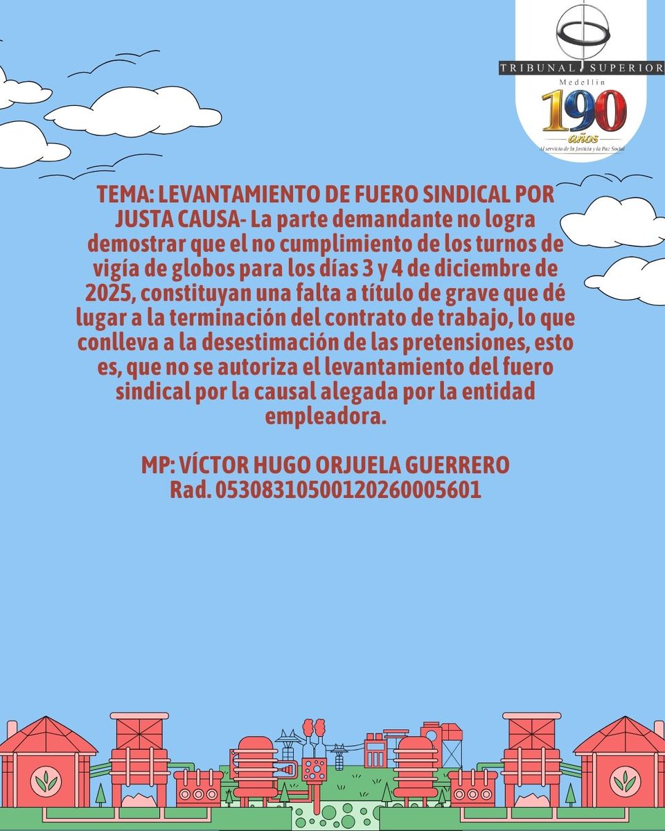 TribSupMed's tweet photo. TEMA: LEVANTAMIENTO DE FUERO SINDICAL POR JUSTA CAUSA 
MP: VÍCTOR HUGO ORJUELA GUERRERO
Rad. 05308310500120260005601
Sala Laboral
Descarga la providencia a través del QR que se encuentra en la última imagen de nuestro Instagram  @tribsupmed https://t.co/1Jkl8tWeab https://t.co/Y0IzNbLMwq